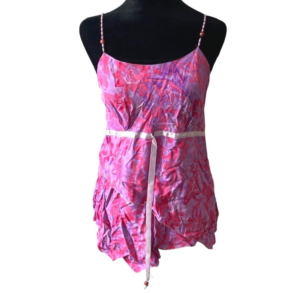 Y2K Fairy Babydoll Pink Purple Floral Beaded Strap Camisole Top Handkerchief M